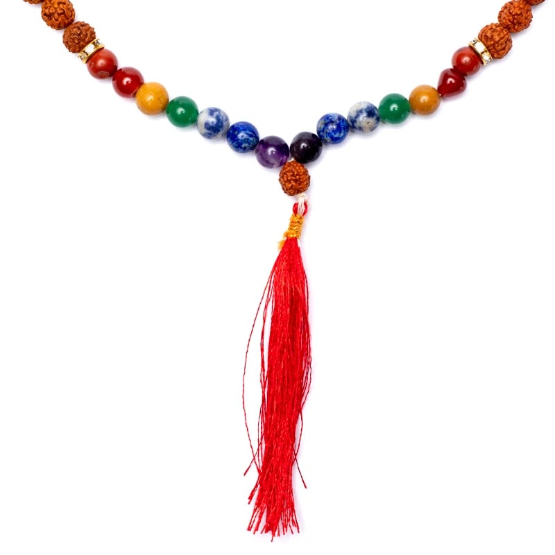 Mala Tibetana in Rudraksha con Pietre Chakra e Nappa - Collana Rosario 108 grani