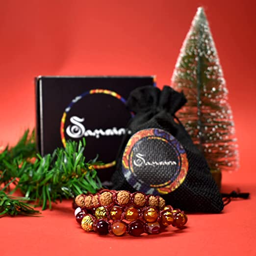Samsara Gift Special Edition Bracciale Tibetano Buddista - Shamballa con Pietre in Agata Rossa con Mantra Oro - Filo in Cotone Cerato Rosso - SamsaraFragrances