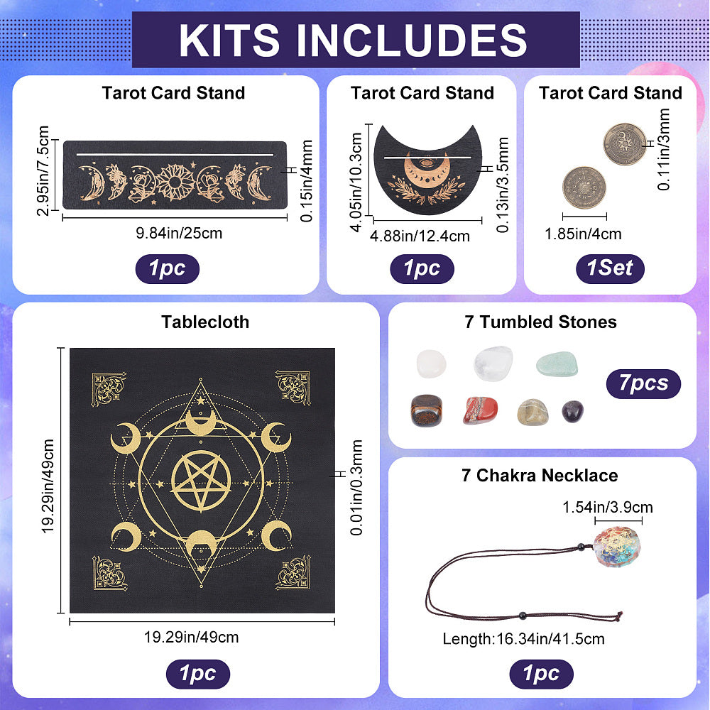 Set wicca portacarte tarocchi in legno - Tappetino, Stand carte, collana e pietre 7 chakra
