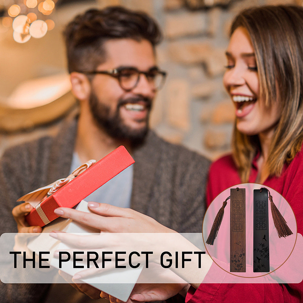 Segnalibro in palissandro e blackwood africano con incisione - Fiori di bamboo e prugna