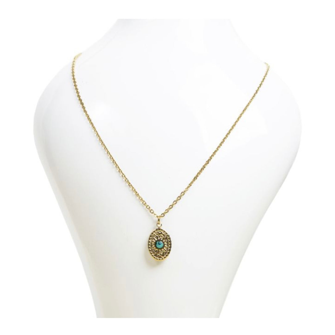 Collana in acciaio inox con pendente ovale in pietra - Turchese