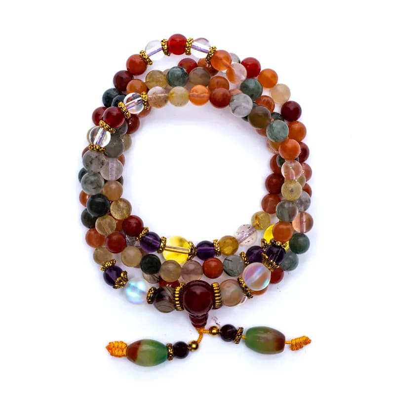 Mala Tibetana in Agata con Cristallo di Rocca e Ametista - Collana Rosario 108 grani filo elastico