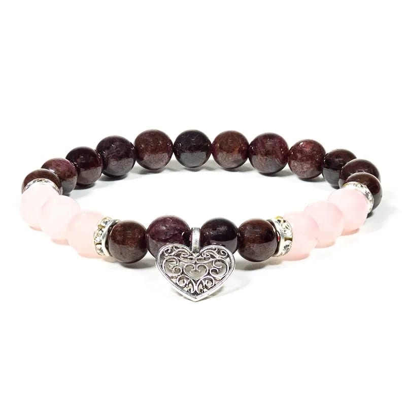 Bracciale elastico in Granato e Quarzo Rosa con ciondolo cuore - clorophilla-shop