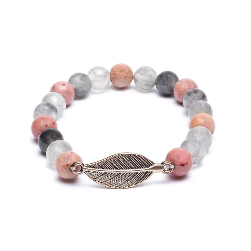 Mala bracciale in Rodonite e Quarzo Grigio con piuma - 21 grani