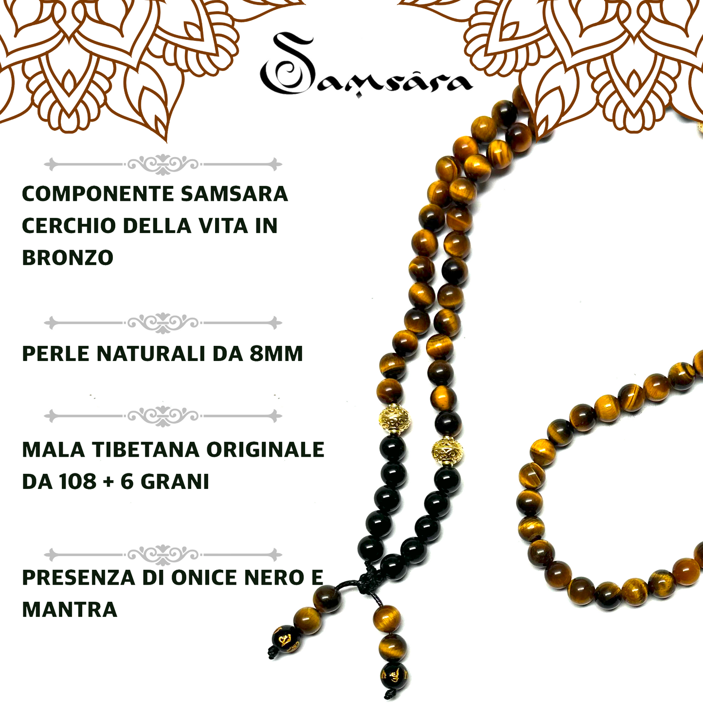 Samsara Collana Tibetana con Occhio di Tigre e Onice Nero - Mala Tibetano con 108 Grani - SamsaraFragrances