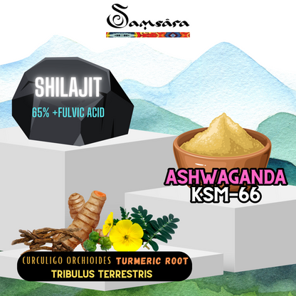 Samsara Shilajit TESTOSTERONE PLUS | Ashwagandha ksm-66 | Estratto di Tribulus Terrestris | Erbe medicinali - Più Vigore ed Energia, 30% in Più Testosterone, NO Amaro. (10g) - SamsaraFragrances