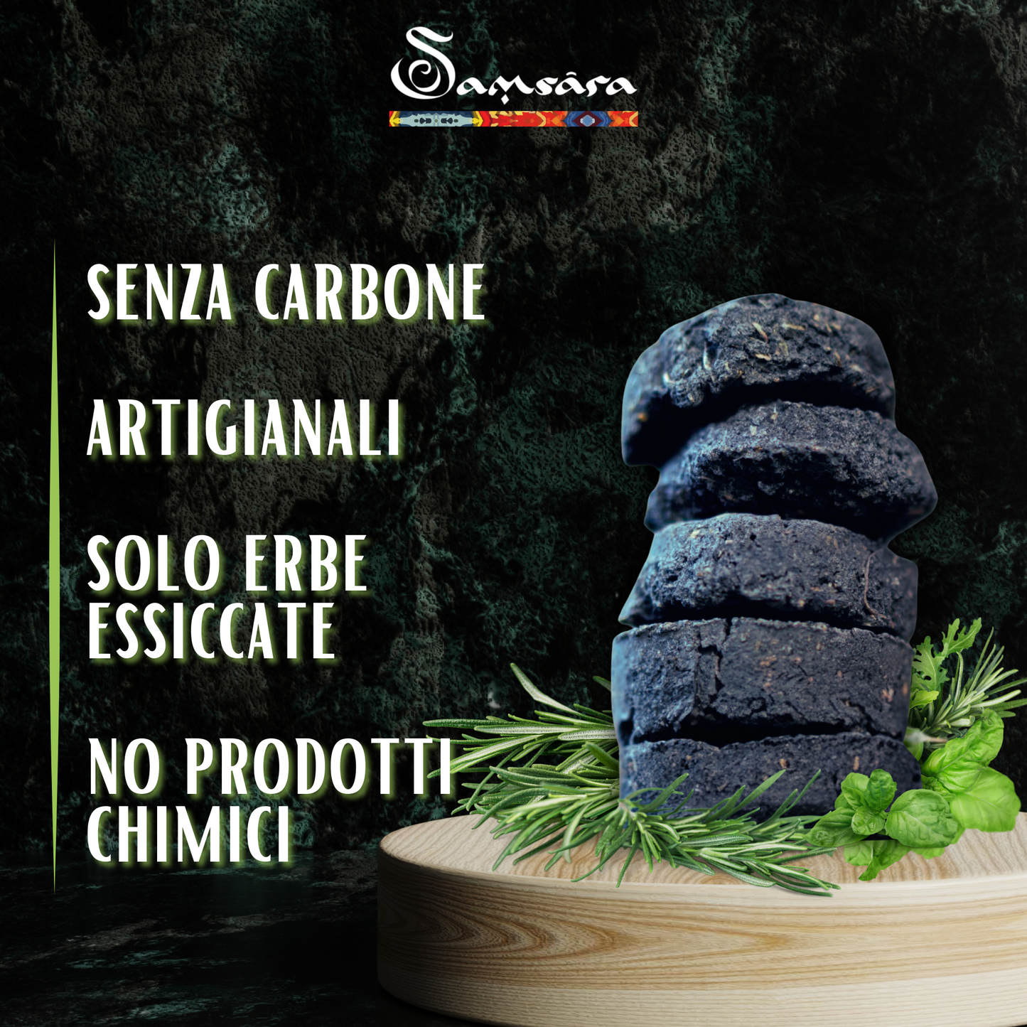 Samsara Carboncini per Incenso Artigianali | NO CARBONE, NO additivi chimici e volatili | Solo Erbe Essiccate e legno per una fragranza naturale e rilassante - 100% Naturali - 8pz - SamsaraFragrances