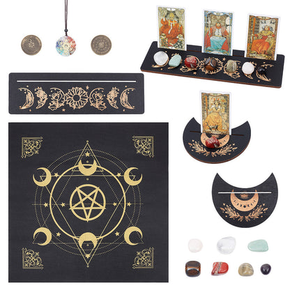 Set wicca portacarte tarocchi in legno - Tappetino, Stand carte, collana e pietre 7 chakra