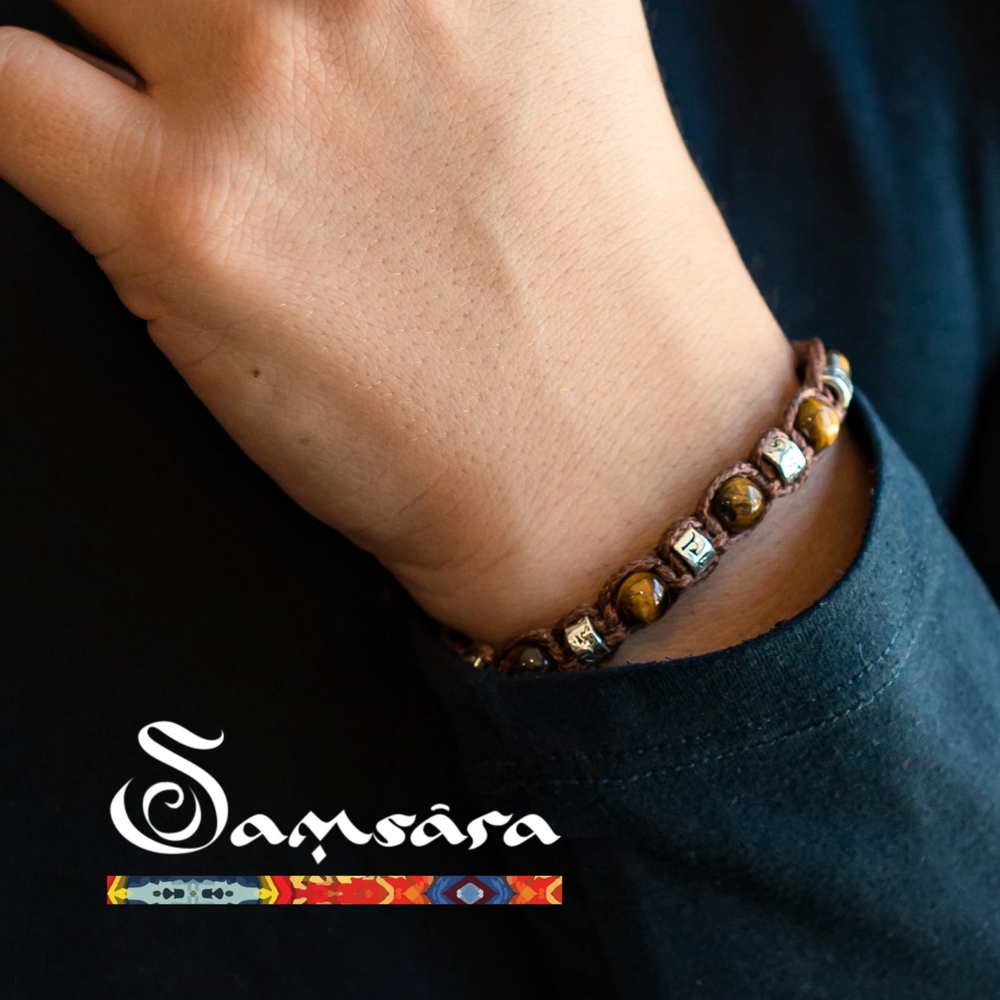 Bracciale Tibetano in Argento 925 e Tormalina Nera - Filo in cotone cerato vari colori