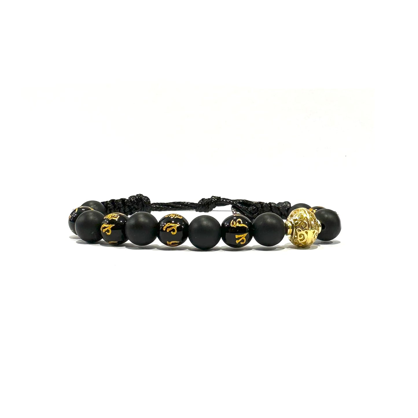 Samsara Bracciale Tibetano Buddista, lunghezza Regolabile, gioiello mistico Portafortuna - Filo in cotone cerato ONICE NERO OPACO e MANTRA - SamsaraFragrances