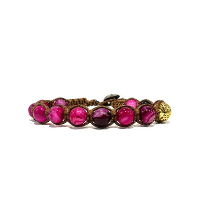 Samsara Bracciale Tibetano Buddista - Shamballa con Agata Fucsia - Filo in cotone cerato Marrone - SamsaraFragrances