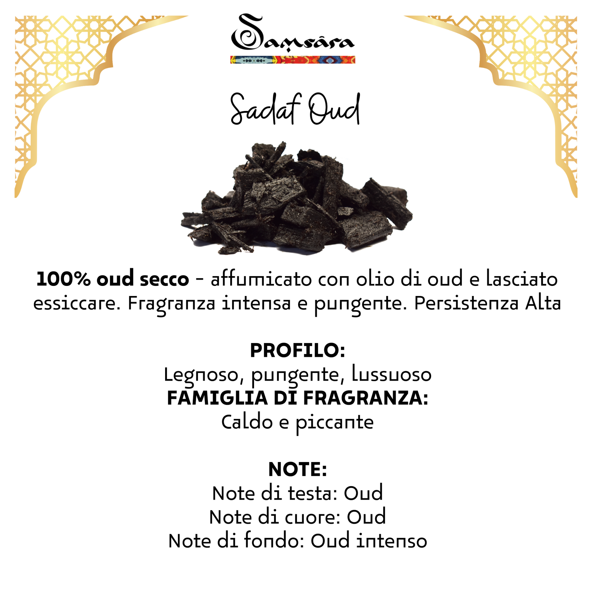 Samsara Profumo Arabo solido Bakhoor con legno di Oud ultra Persistente | Profumo per Corpo, Capelli ed Indumenti - SADAF OUD | 20g - Made in Dubai - SamsaraFragrances