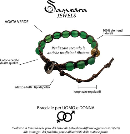 Samsara Bracciale Tibetano Buddista - Shamballa con Pietra in Agata Verde - Filo in Cotone Cerato Marrone - SamsaraFragrances