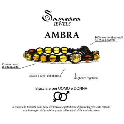 Bracciale Tibetano Buddista in Ambra - Bracciale Terapeutico e Spirituale Benessere Mente e Corpo - Filo in cotone cerato Marrone - SamsaraFragrances