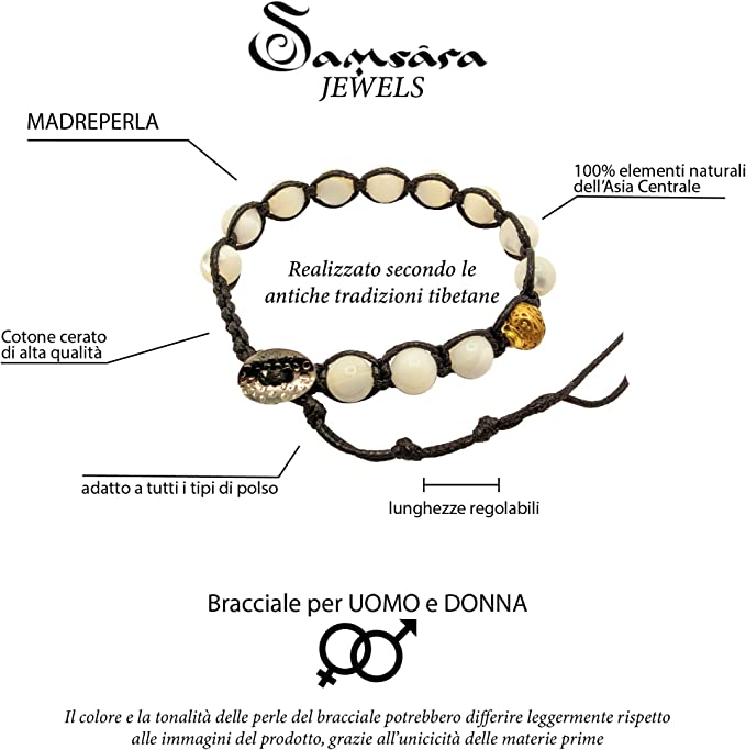 Samsara Bracciale Tibetano Buddista - Shamballa con Pietra in Madreperla - Filo in Cotone Cerato Nero - SamsaraFragrances