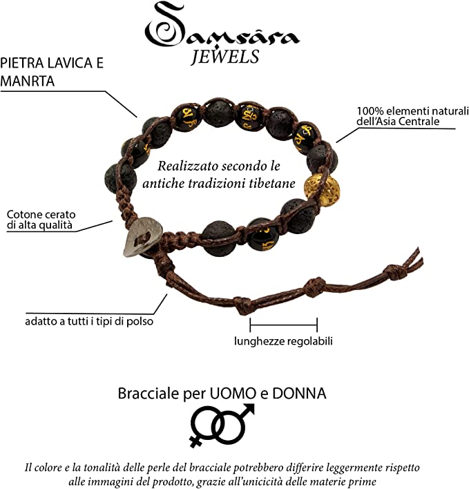 Samsara Bracciale Tibetano Buddista - Shamballa con Pietra Lava Nera e Onice con Mantra - Filo in Cotone Cerato Marrone - SamsaraFragrances