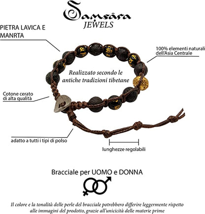 Samsara Bracciale Tibetano Buddista - Shamballa con Pietra Lava Nera e Onice con Mantra - Filo in Cotone Cerato Marrone - SamsaraFragrances