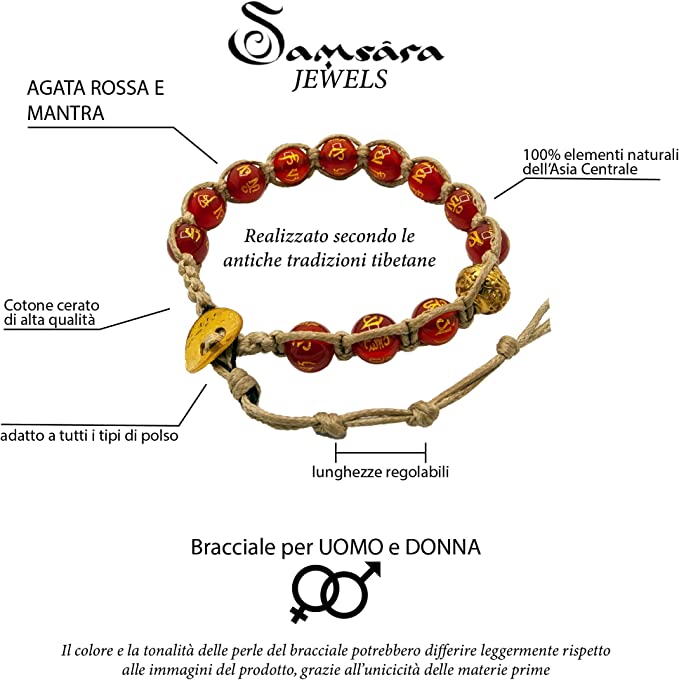 Samsara Bracciale Tibetano Buddista - Shamballa con Pietra Agata Rossa e Mantra Oro - Filo in Cotone Cerato Sabbia - SamsaraFragrances