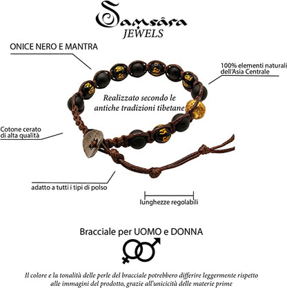 Samsara Bracciale Tibetano Buddista - Shamballa con Onice Opaco e Onice Lucido con Mantra - Filo in Cotone Cerato Marrone - SamsaraFragrances