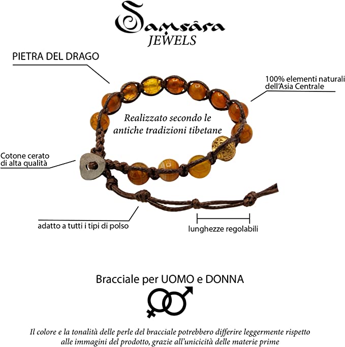 Samsara Bracciale Tibetano Buddista - Shamballa con Pietra del Drago - Filo in Cotone Cerato Marrone - SamsaraFragrances