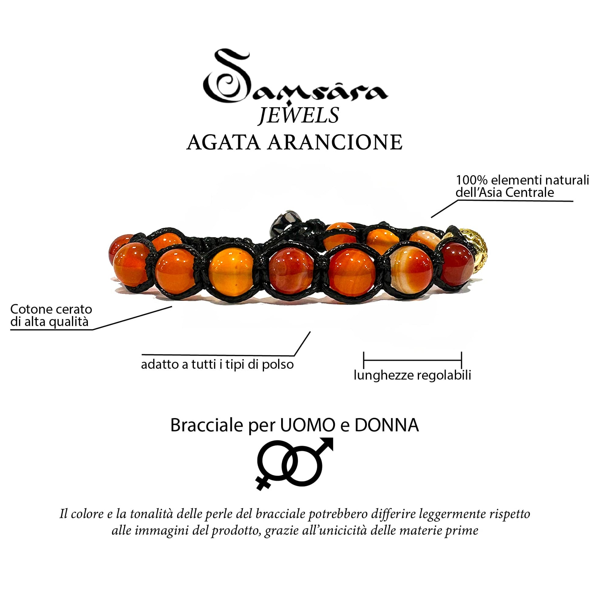 Samsara Bracciale Tibetano Buddista - Shamballa con Agata Arancione Striata - Filo in cotone cerato Marrone - SamsaraFragrances