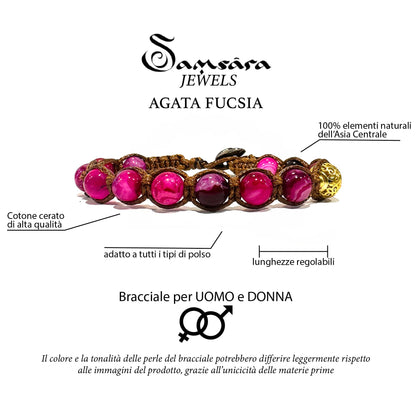 Samsara Bracciale Tibetano Buddista - Shamballa con Agata Fucsia - Filo in cotone cerato Marrone - SamsaraFragrances