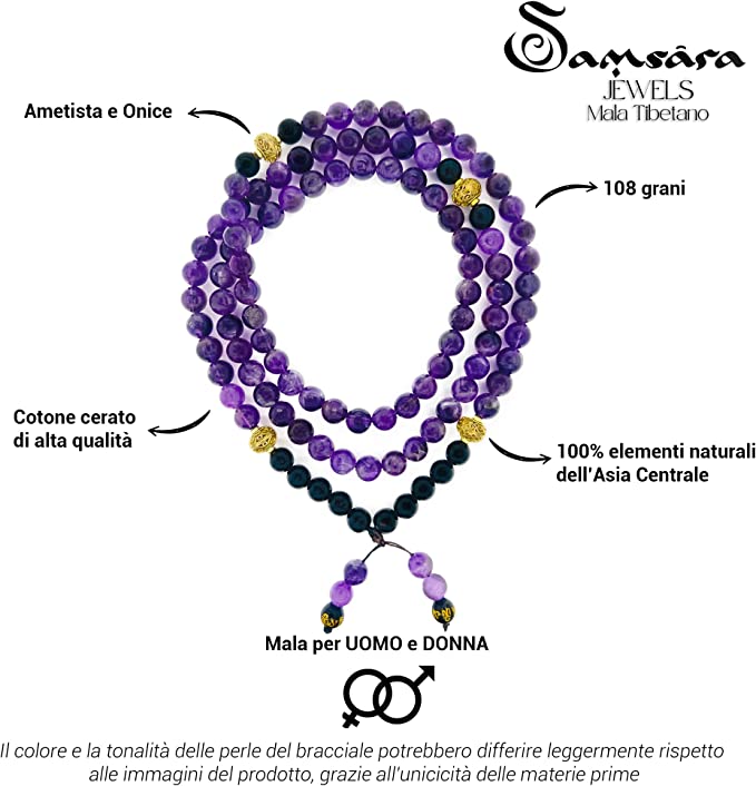 Samsara Collana Tibetana con Ametista e Onice Nero - Mala Tibetano con 108 Grani - SamsaraFragrances