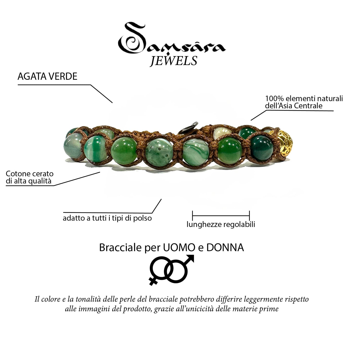 Samsara Bracciale Tibetano Buddista - Shamballa con Agata Verde Striata - Filo in cotone cerato Marrone - SamsaraFragrances