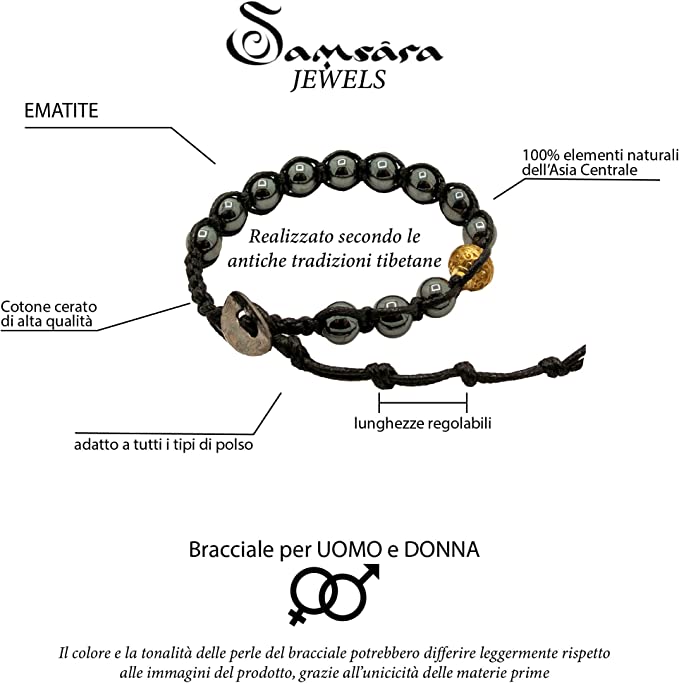 Samsara Bracciale Tibetano Buddista - Shamballa con Ematite - Filo in Cotone Cerato Nero - SamsaraFragrances