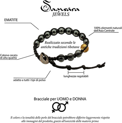 Samsara Bracciale Tibetano Buddista - Shamballa con Ematite - Filo in Cotone Cerato Nero - SamsaraFragrances