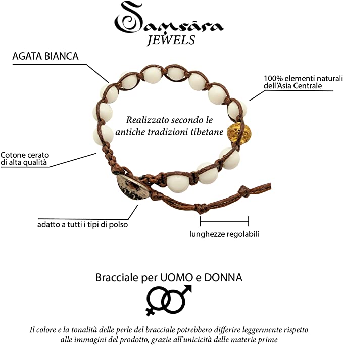Samsara Bracciale Tibetano Buddista - Shamballa con Pietra in Agata Bianca - Filo in Cotone Cerato Marrone - SamsaraFragrances