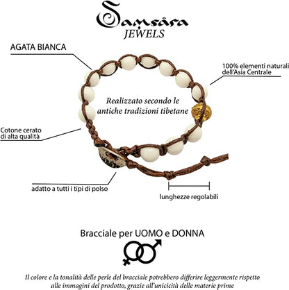 Samsara Bracciale Tibetano Buddista - Shamballa con Pietra in Agata Bianca - Filo in Cotone Cerato Marrone - SamsaraFragrances