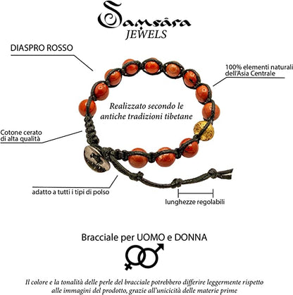 Samsara Bracciale Tibetano Buddista - Shamballa con Pietra in Diaspro Rosso - Filo in Cotone Cerato Nero - SamsaraFragrances