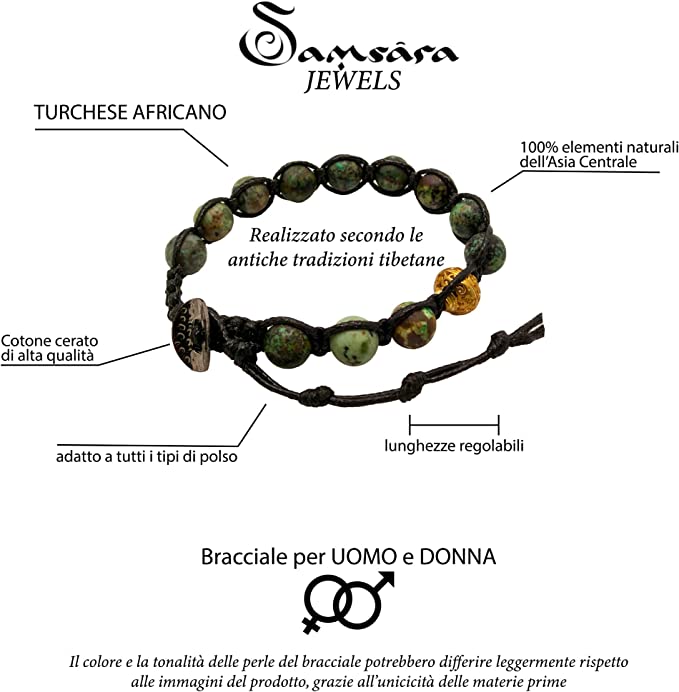 Samsara Bracciale Tibetano Buddista - Shamballa con Pietra Turchese Africano Lucido - Filo in Cotone Cerato Nero - SamsaraFragrances