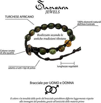 Samsara Bracciale Tibetano Buddista - Shamballa con Pietra Turchese Africano Lucido - Filo in Cotone Cerato Nero - SamsaraFragrances