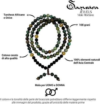 Samsara Collana Tibetana con Turchese Africano e Onice Nero - Mala Tibetano con 108 Grani - SamsaraFragrances