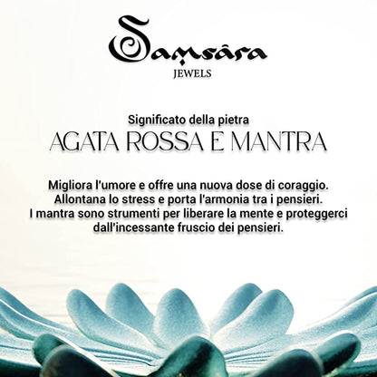 Samsara Bracciale Tibetano Buddista - Shamballa con Pietre in Corallo Bambù e Agata Rossa con Mantra Oro - Filo in Cotone Cerato Nero - SamsaraFragrances