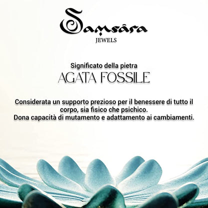 Samsara Bracciale Tibetano Buddista - Shamballa con Pietra in Agata Fossile - Filo in Cotone Cerato Marrone - SamsaraFragrances