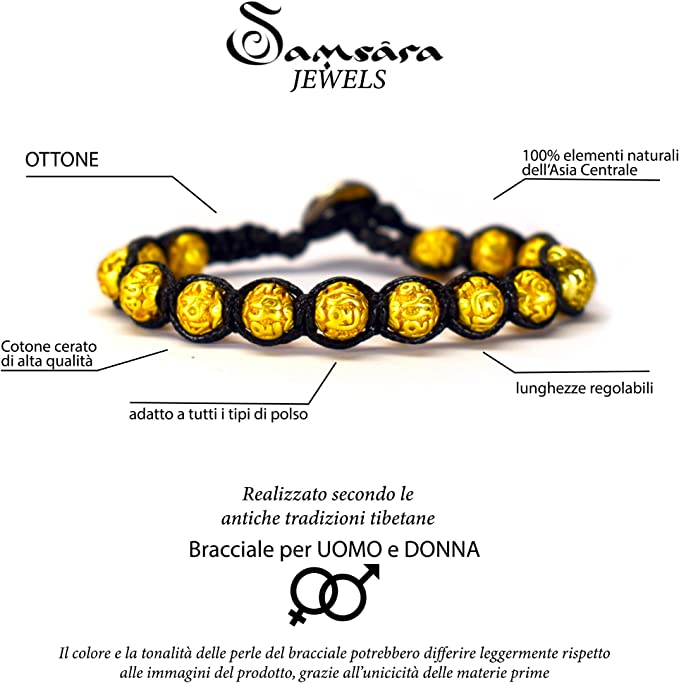 Samsara Bracciale Tibetano Buddista - Shamballa con Pietra Mantra in Ottone - Filo in Cotone Cerato Nero - SamsaraFragrances