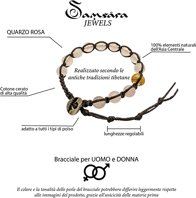 Samsara Bracciale Tibetano Buddista - Shamballa con Pietra in Quarzo Rosa - Filo in Cotone Cerato Nero - SamsaraFragrances