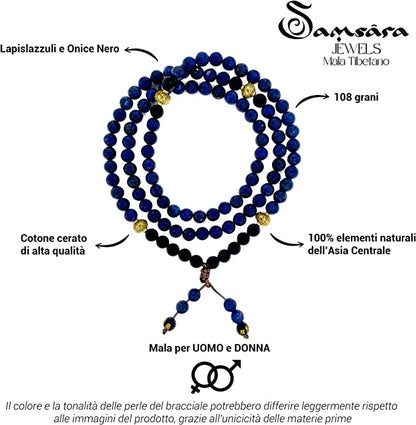 Samsara Collana Tibetana con Lapislazzuli e Onice Nero - Mala Tibetano con 108 Grani - SamsaraFragrances