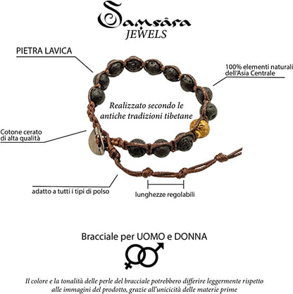 Samsara Bracciale Tibetano Buddista - Shamballa con Pietra in Lava Nera - Filo in Cotone Cerato Marrone - SamsaraFragrances