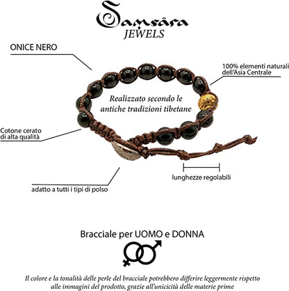 Samsara Bracciale Tibetano Buddista - Shamballa con Pietra in Onice Nero Lucido - Filo in Cotone Cerato Marrone - SamsaraFragrances