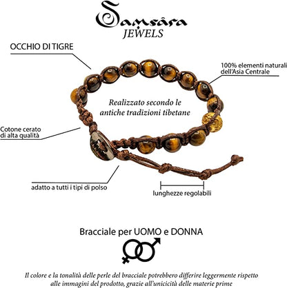 Samsara Bracciale Tibetano Buddista - Shamballa con Pietra Occhio di Tigre - Filo in Cotone Cerato Marrone - SamsaraFragrances