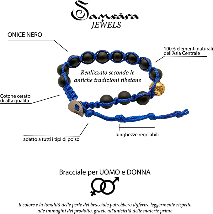 Samsara Bracciale Tibetano Buddista - Shamballa con Pietra in Onice Nero Opaco - Filo in Cotone Cerato Blu - SamsaraFragrances