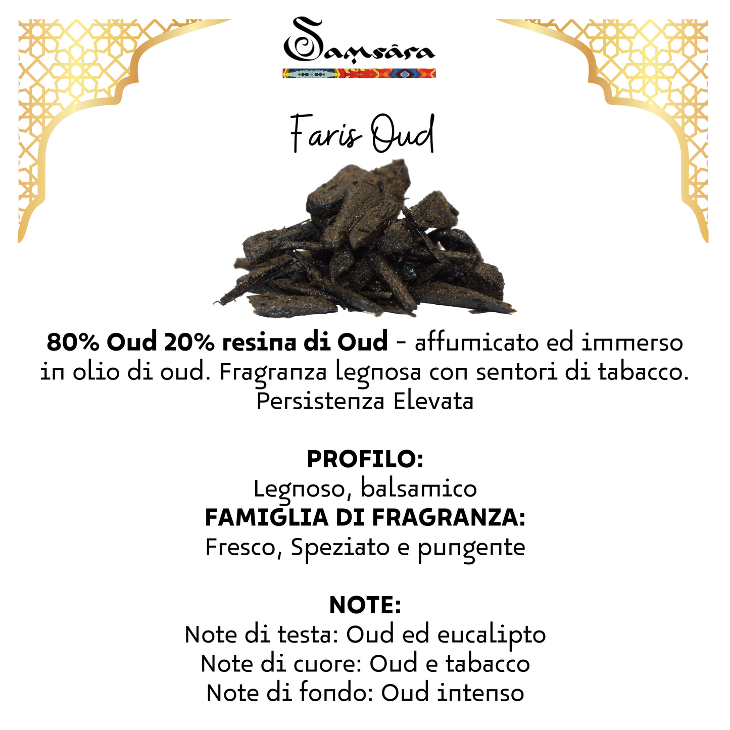 Samsara Profumo Arabo solido Bakhoor con legno di Oud ultra Persistente | Profumo per Corpo, Capelli ed Indumenti - FARIS OUD | 20g - Made in Dubai - SamsaraFragrances