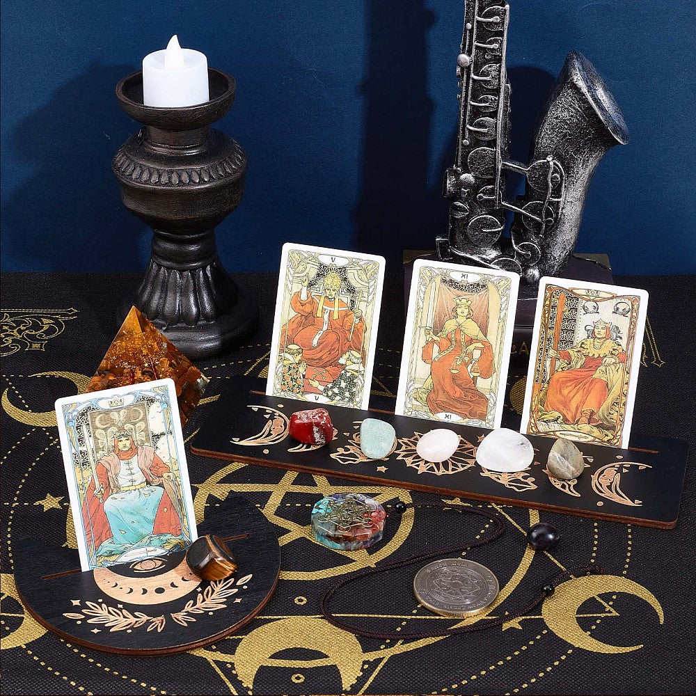 Set wicca portacarte tarocchi in legno - Tappetino, Stand carte, collana e pietre 7 chakra