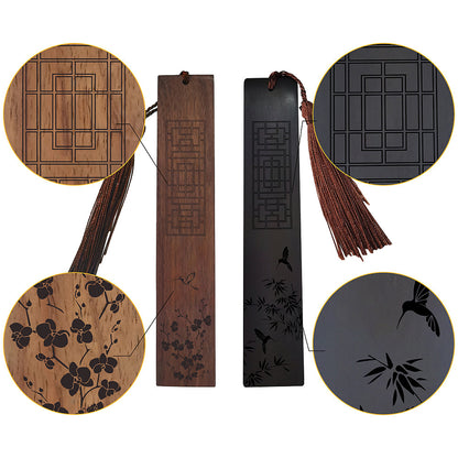 Segnalibro in palissandro e blackwood africano con incisione - Fiori di bamboo e prugna