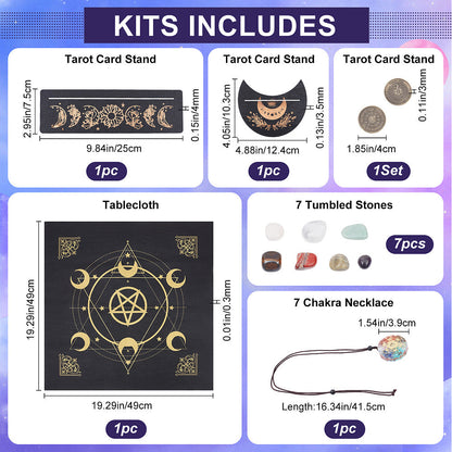 Set wicca portacarte tarocchi in legno - Tappetino, Stand carte, collana e pietre 7 chakra