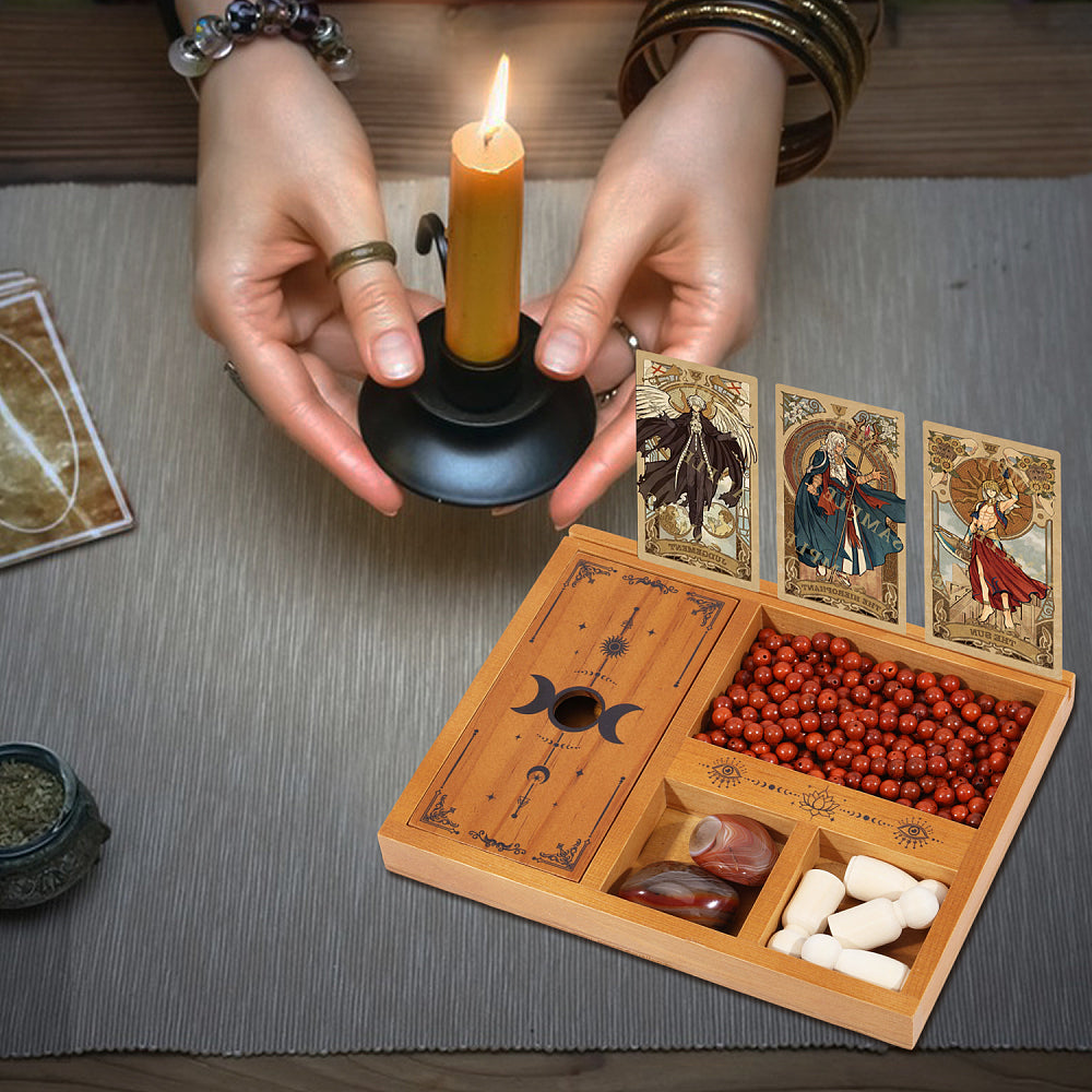Portacarte tarocchi tripla dea della luna in legno con scatola portaoggetti